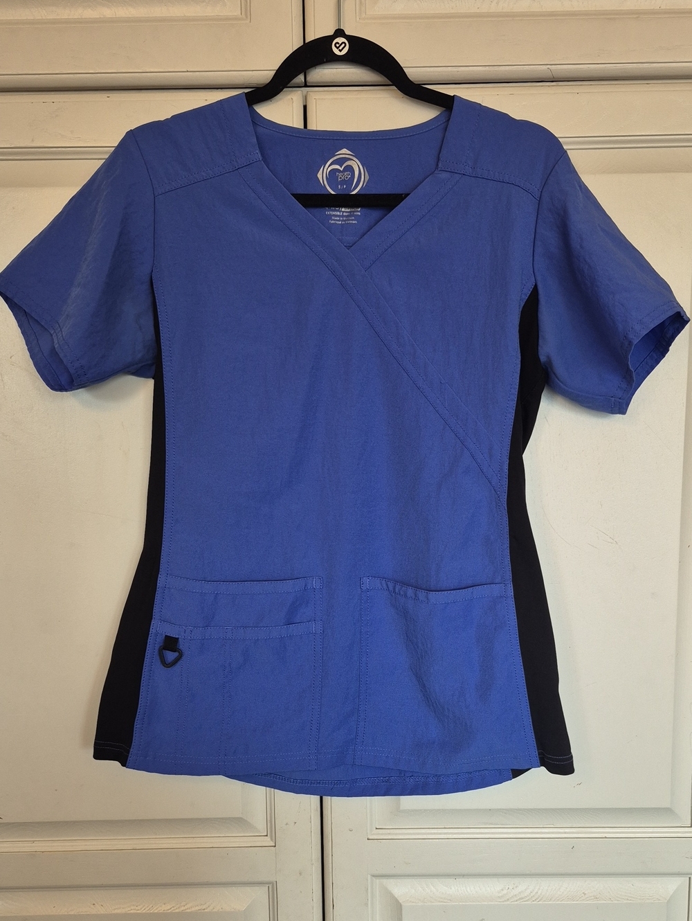 FIGS Women’s Blue V-Neck Short Sleeve Scrub Top with Black Side Panels